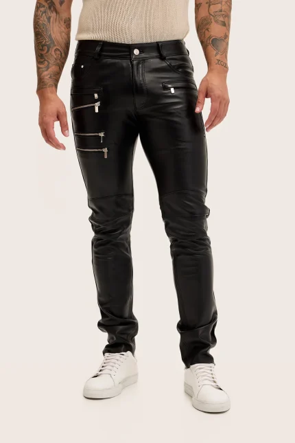Black Calfskin Leather Pants Men