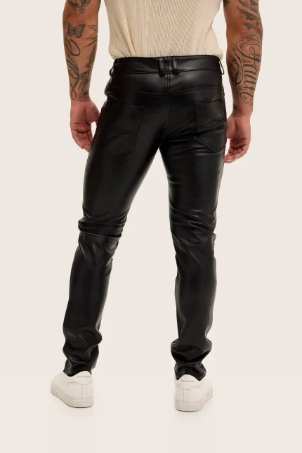 Black Calfskin Leather Pants Men back side