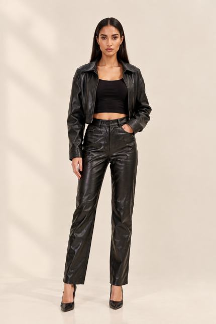 Black Leather High Waisted Pants for Women