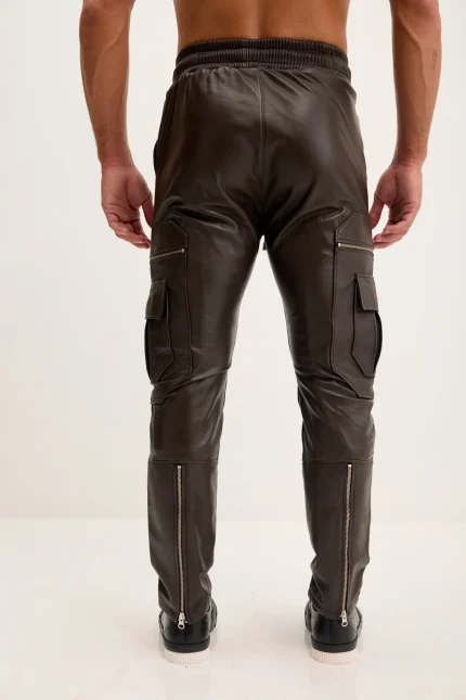 Brown Leather Jeans for Mens back side