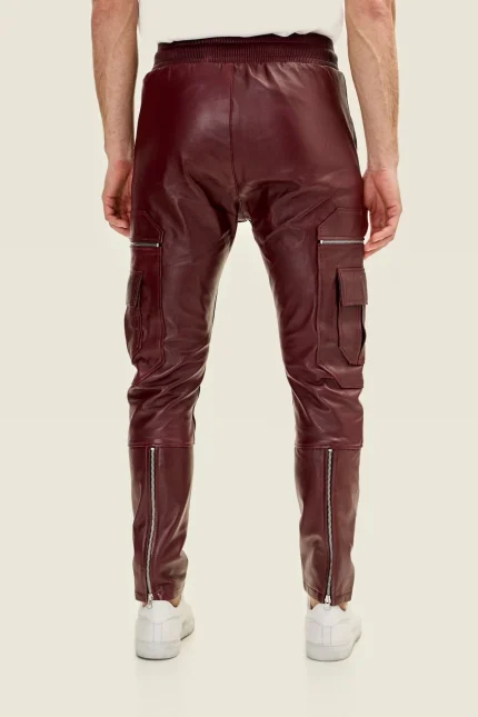 Burgundy Leather Pants for Men back side