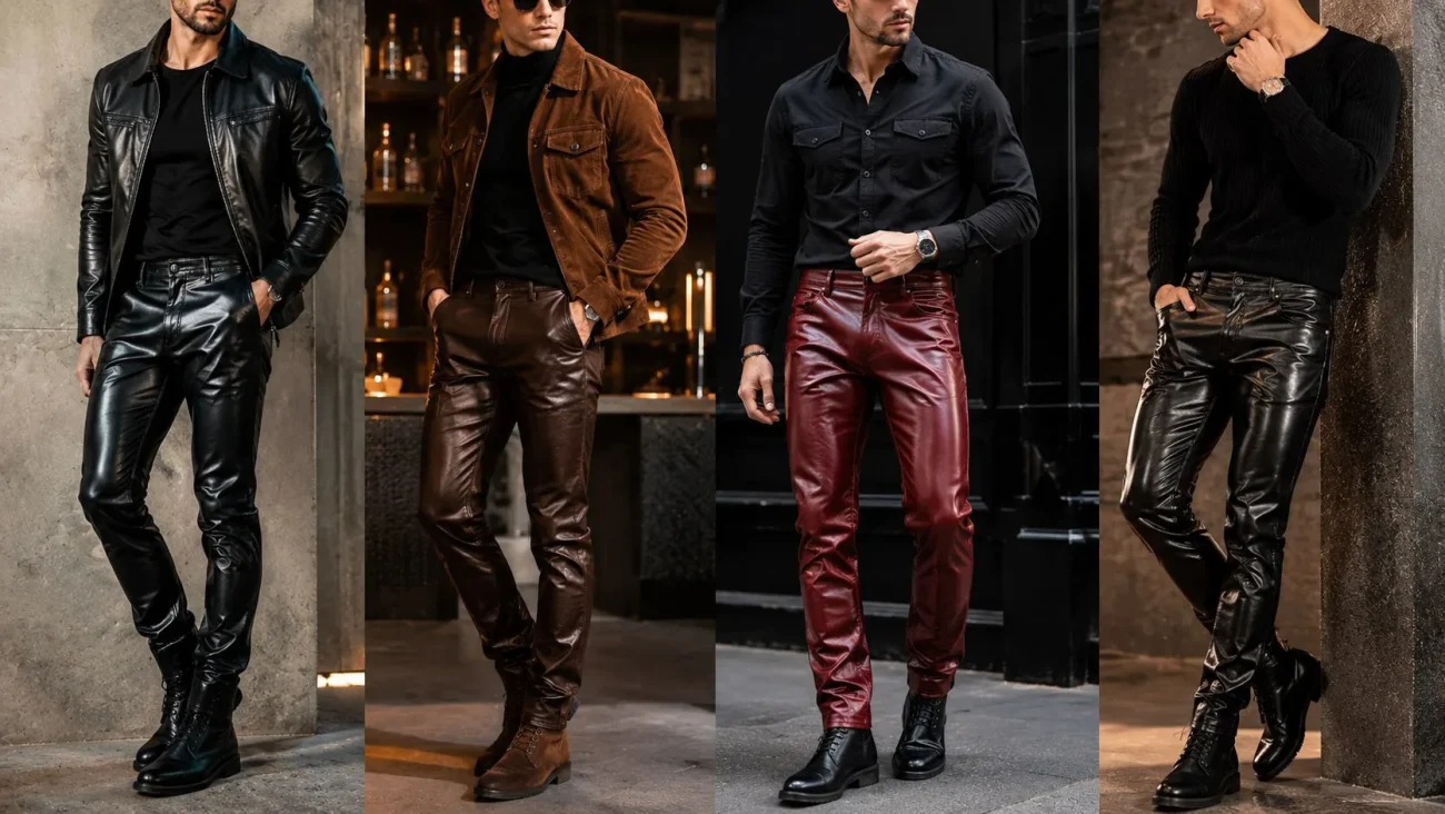 Different colors and materials of men's leather pants 
