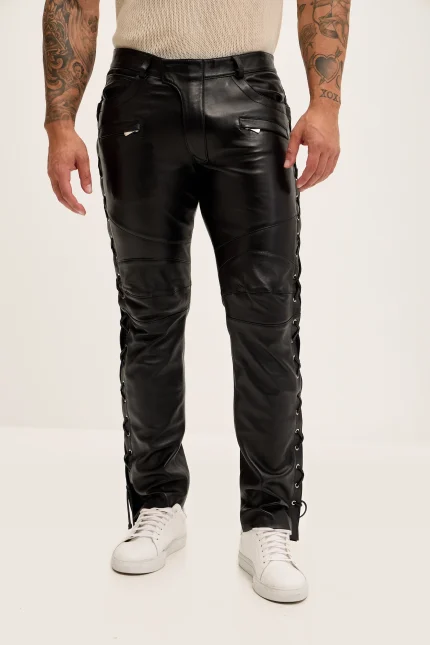 Distressed Vintage Black Leather Pants Men