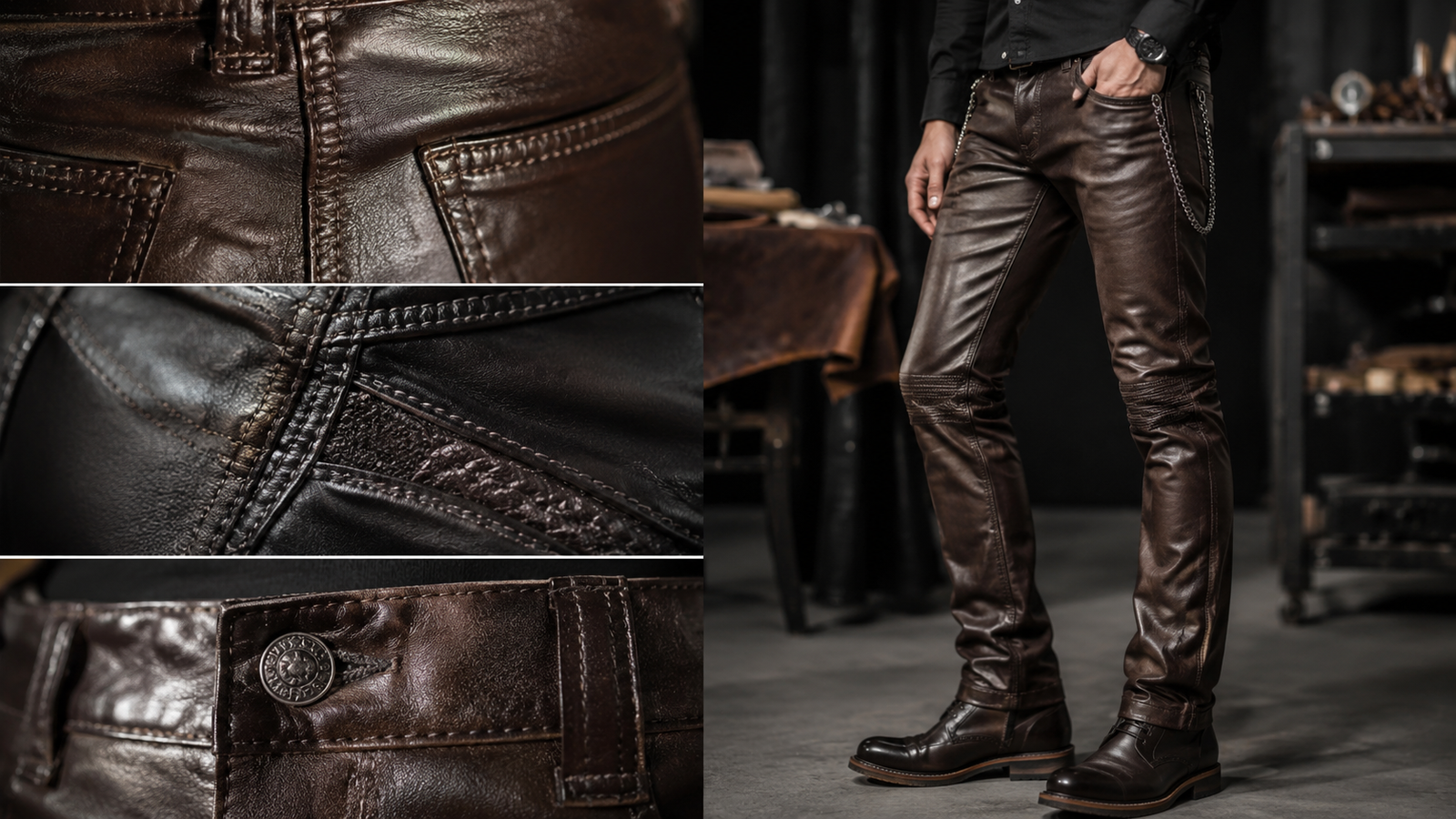 Hand stitched details of genuine leather pants mens