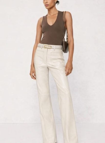 Ivory White Leather Trousers Women