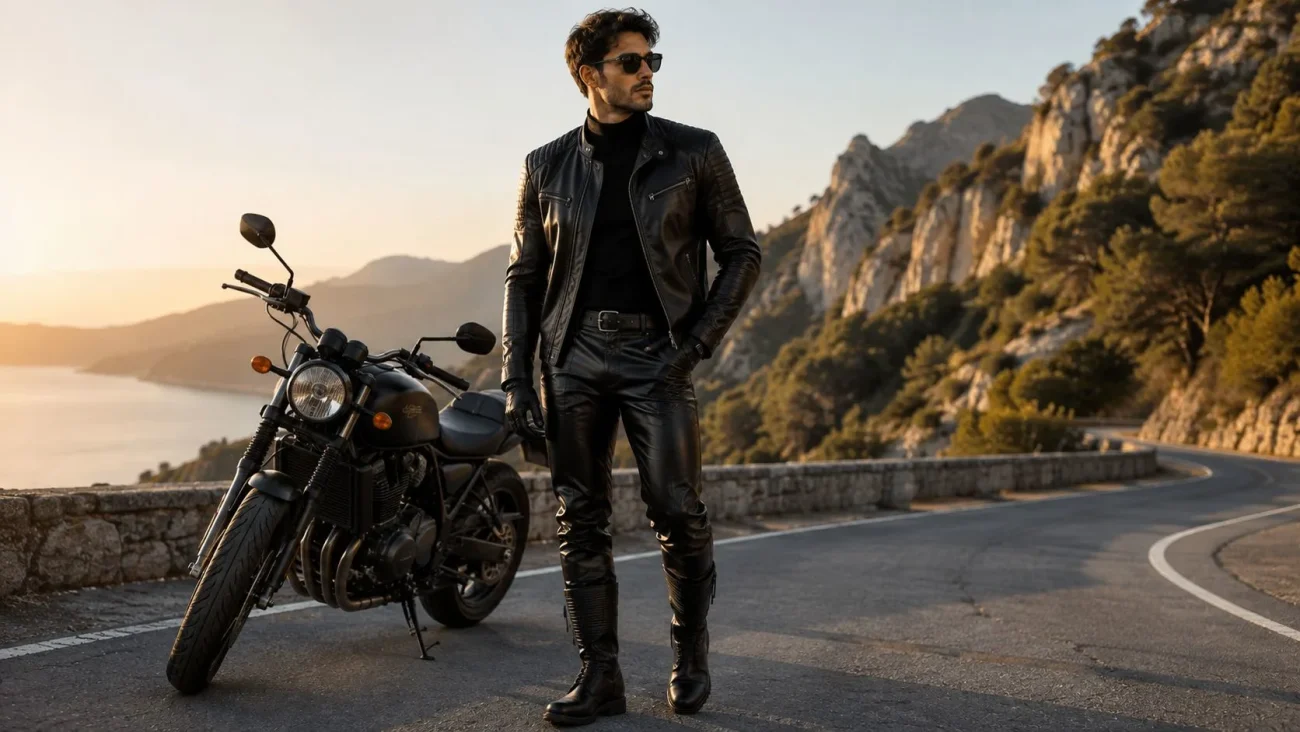 Mens leather pants with motorcycle boots outfit