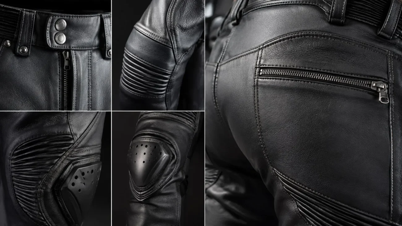 Motorcycle leather pants with reinforced stitching