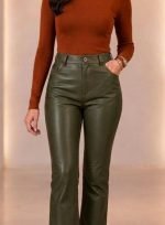 Olive Green Leather Skinny Pants Women