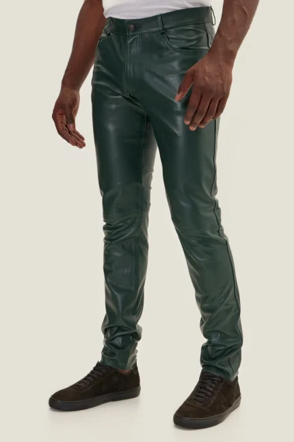 Olive Green Leather Skinny Pants man