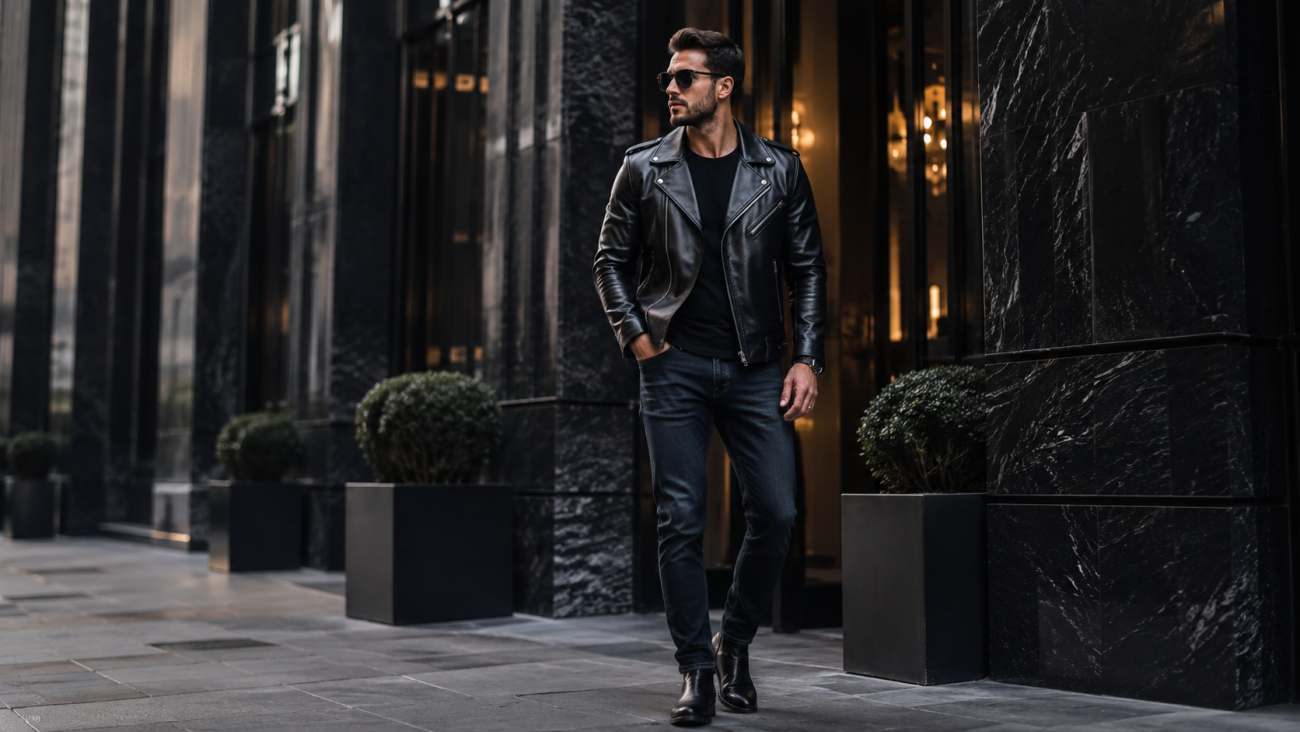 Stylish man wearing men's leather jackets with jeans and boots