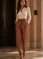 Tan Leather High Waisted Pants Women back side