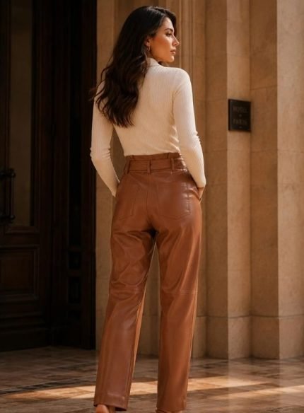 Tan Leather High Waisted Pants Women back side