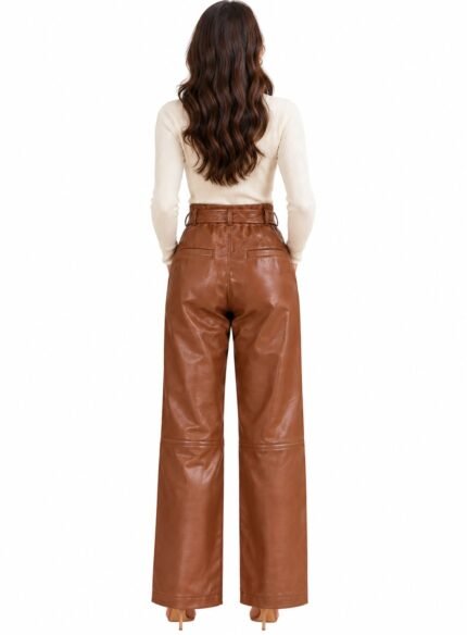 Tan Leather High Waisted Pants Women back side