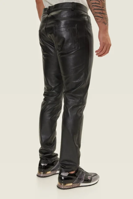 Tight Fit Black Leather Pants Men back side
