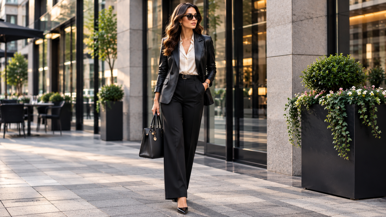 Women's leather blazer styled with tailored trousers