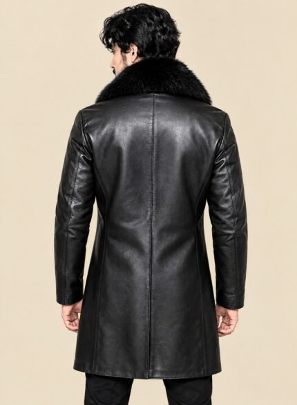 Black Genuine Leather Long Coat Men back
