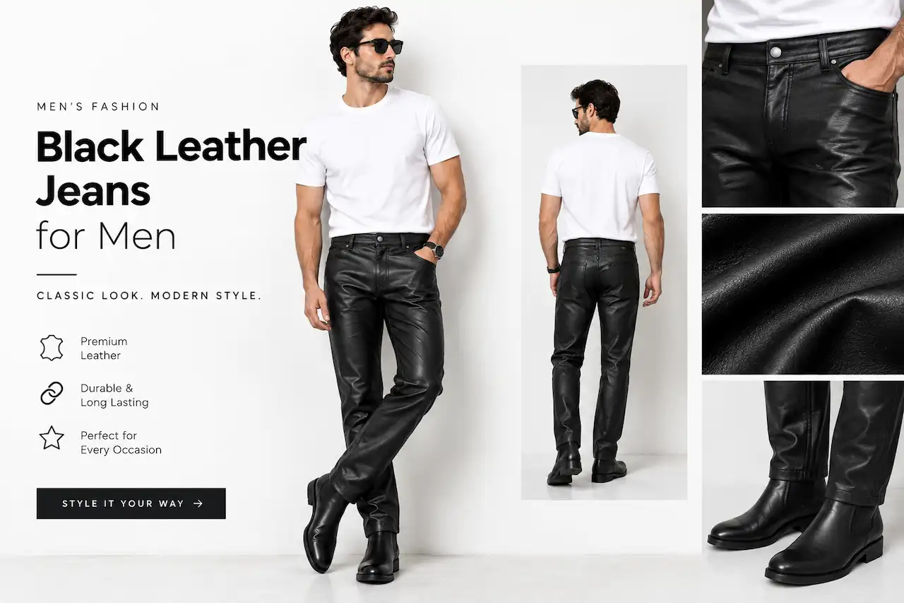 Black leather jeans for men with a white tee and boots