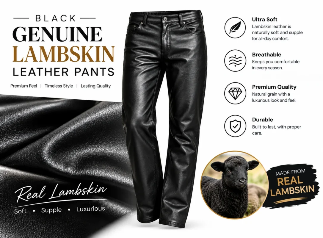 Black genuine lambskin leather pants