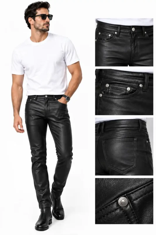 Slim fit leather jeans for men with five-pocket detail and rivets