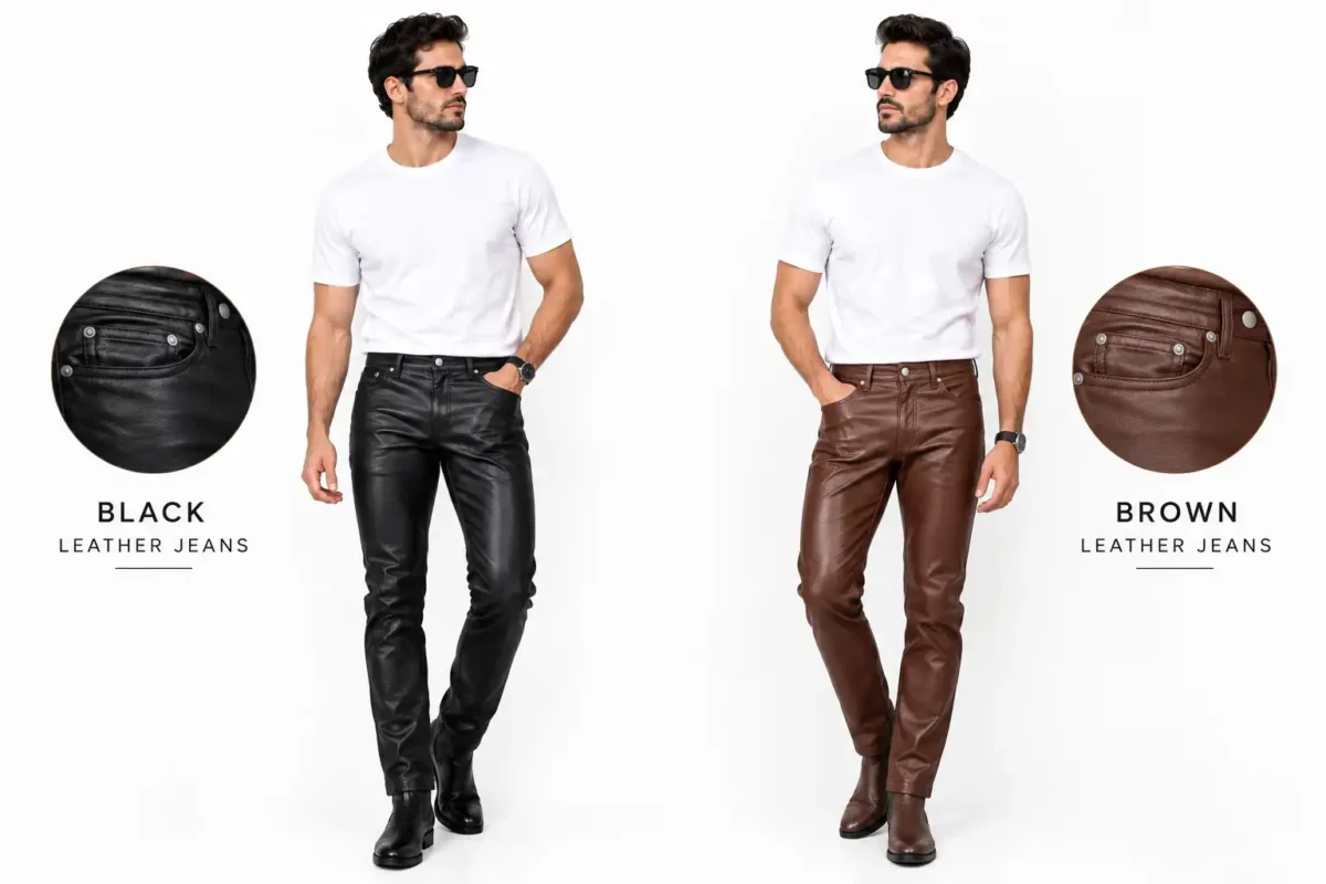 Black vs brown leather jeans for men side by side