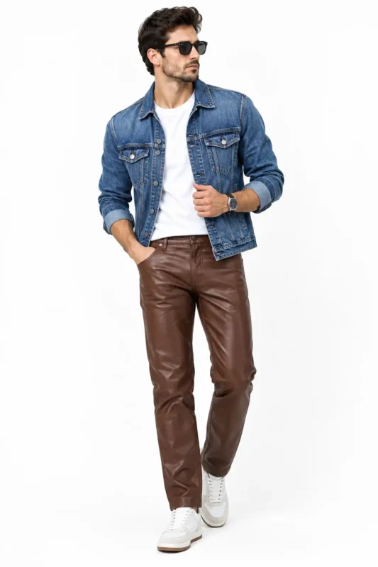 Brown leather jeans with a denim jacket and sneakers
