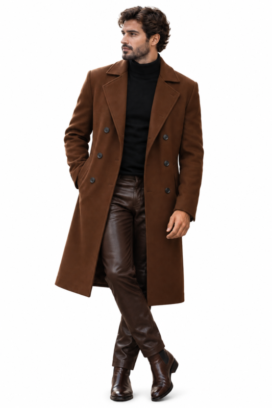 Brown leather pants for men with a turtleneck and long wool coat