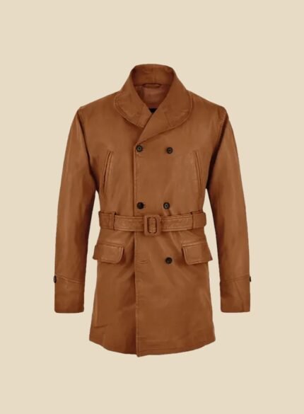 Camel Leather Trench Coat Men