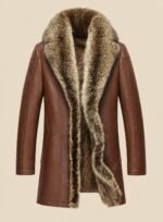 Cognac Brown Leather Long Coat Men