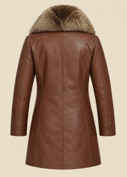 Cognac Brown Leather Long Coat Men back