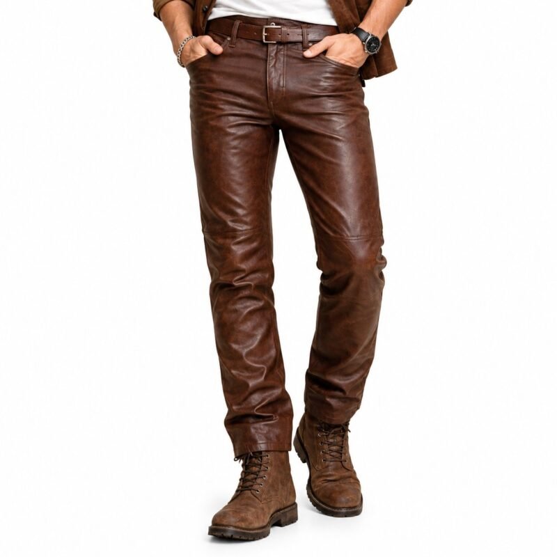 Cognac brown leather pants with a black Henley and dark brown boots
