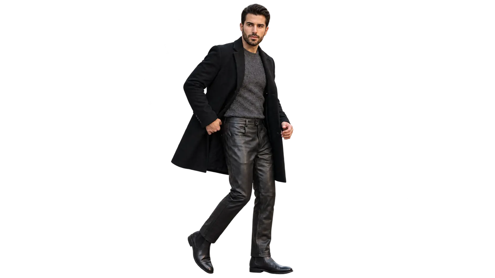 Winter outfits with leather pants for men with a wool overcoat and Chelsea boots