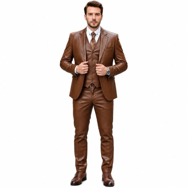 Dark brown leather pants men wear with a white shirt and blazer