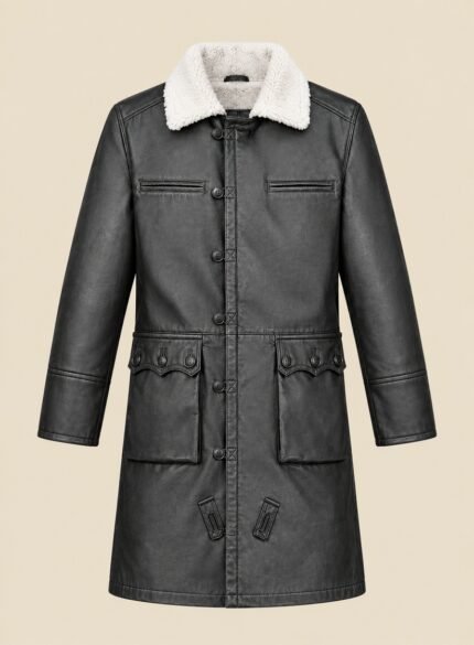 Grey Leather Long Coat for Men