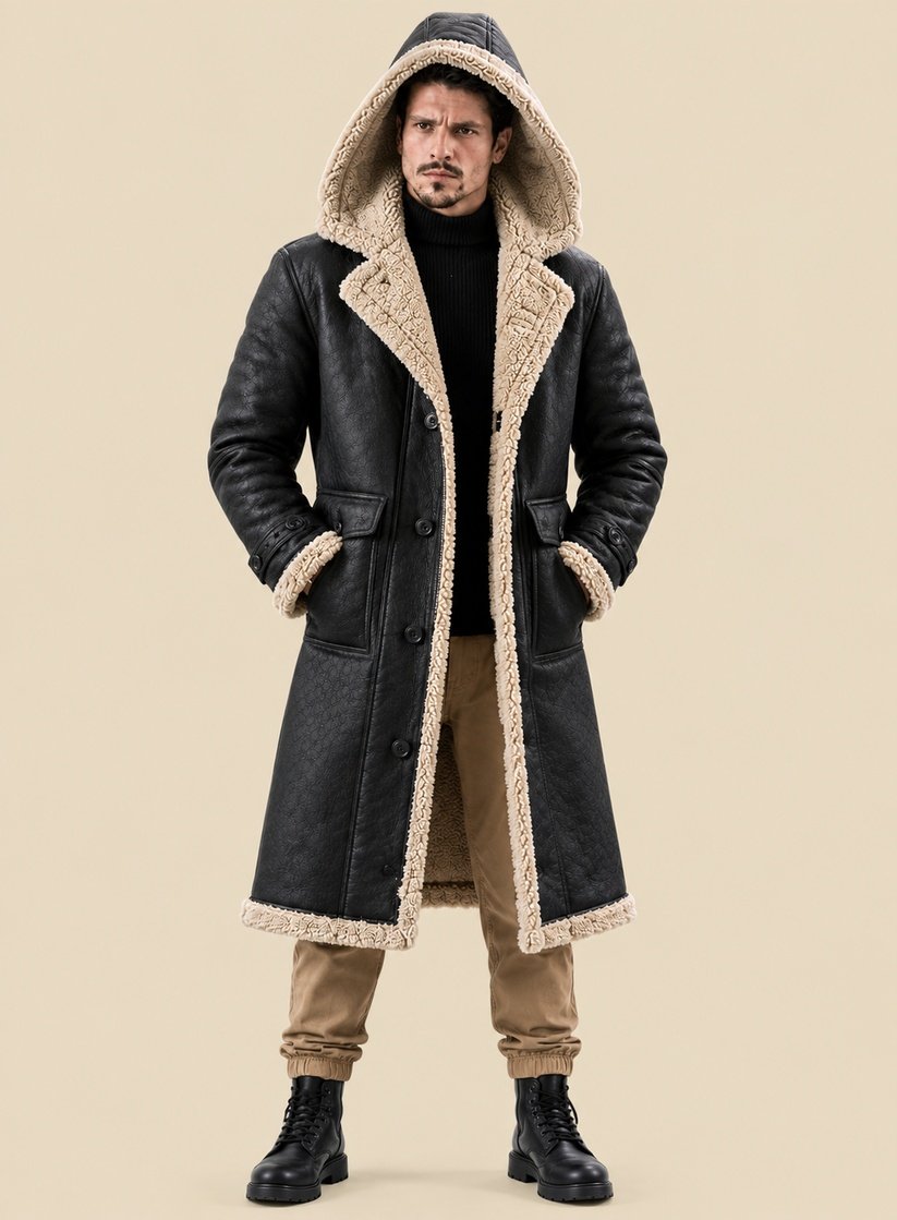 Hooded Leather Long Coat Men Hooded Leather Long Coat Men