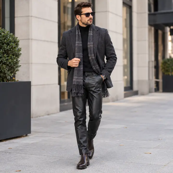 Smart: Leather pants with a wool blazer, scarf and dark boots