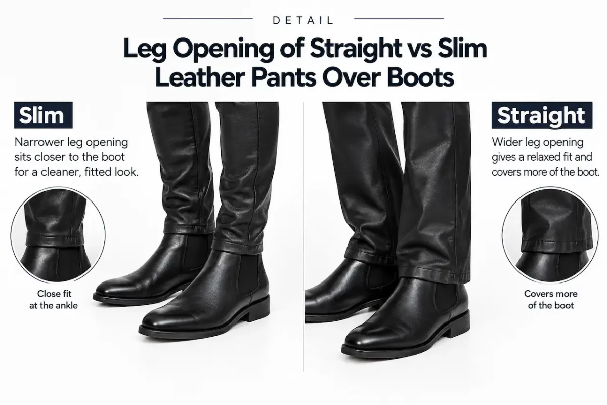 Leg opening of straight vs slim leather pants over boots