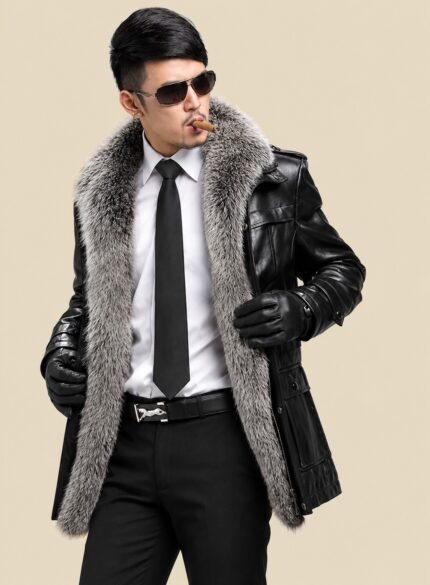 Long Black Leather Coat for Men