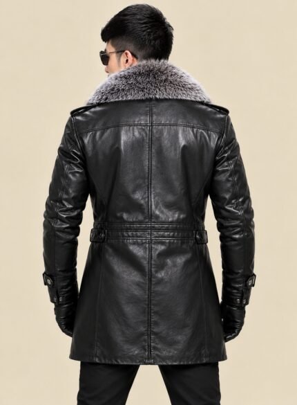 Long Black Leather Coat for Men back