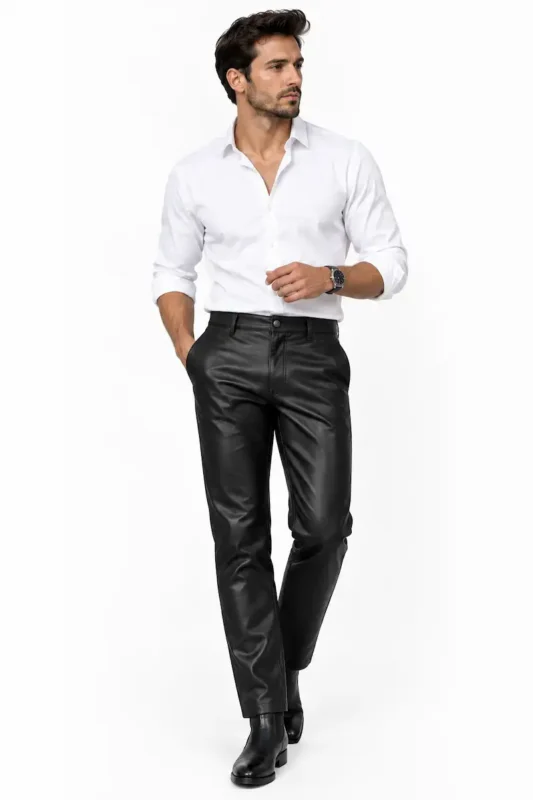 Matte black leather trousers with a button-down shirt for date night