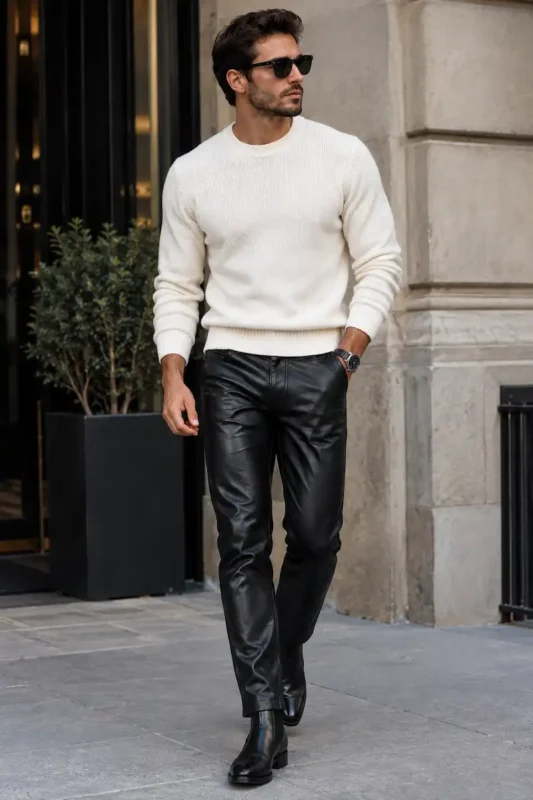 Man wearing black leather pants with a white tee and boots