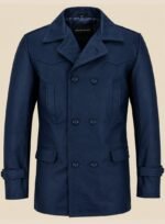 Navy Blue Leather Long Coat Men