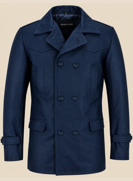 Navy Blue Leather Long Coat Men