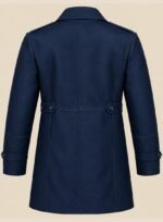 Navy Blue Leather Long Coat Men back