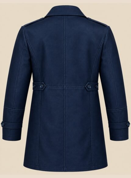 Navy Blue Leather Long Coat Men back