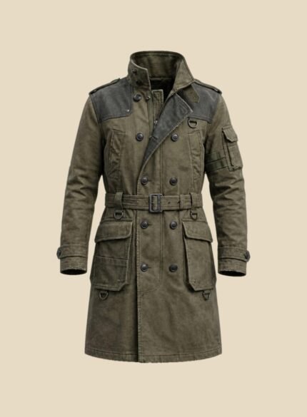 Olive Green Leather Trench Coat Men