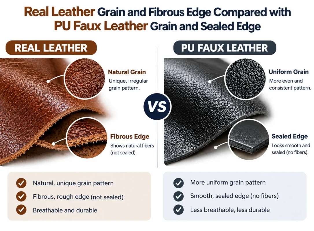 Real leather grain and fibrous edge compared with PU faux leather grain and sealed edge