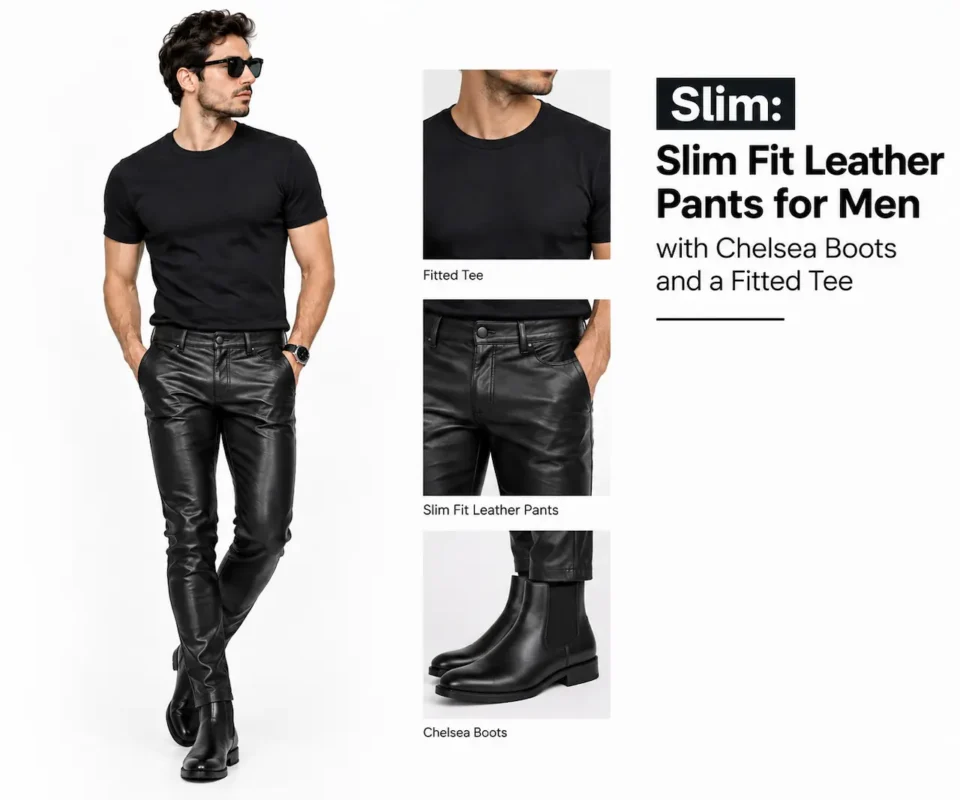 Slim fit leather pants for men with Chelsea boots and a fitted tee 