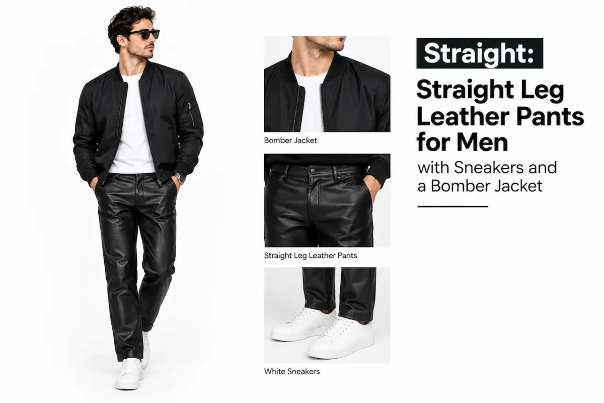 Slim fit leather pants for men with Chelsea boots and a fitted tee 