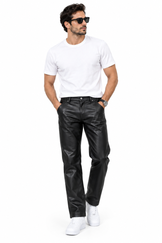 Straight leg leather pants for men worn with sneakers