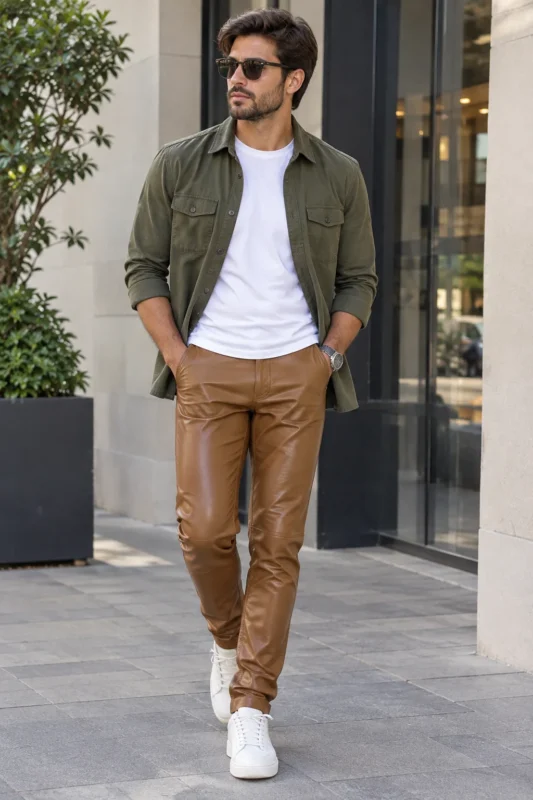 Tan leather pants for men with a white tee, olive overshirt and white sneakers